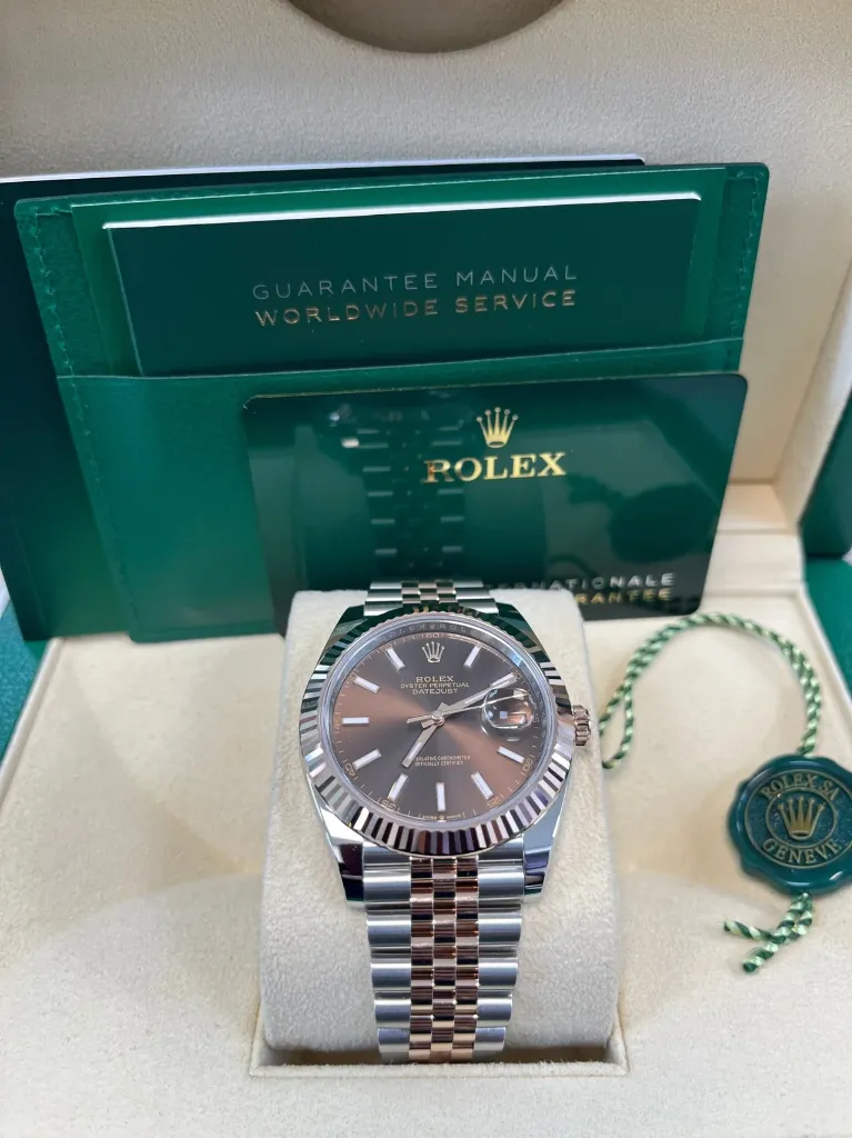 ROLEX DATE JUST ROSE GOLD CHOCOLATE DIAL JUBLIEE FLUTED BEZEL IN BOX PIC FOR MASTER.webp